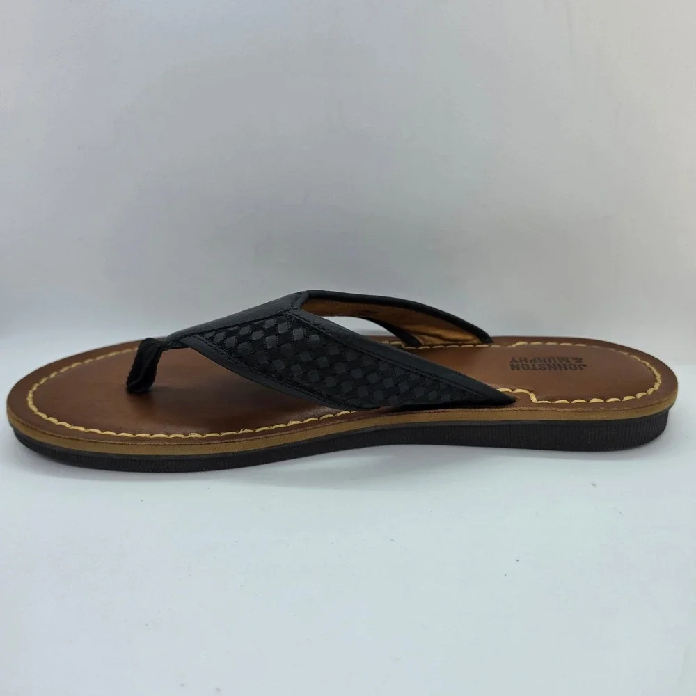 Johnston & Murphy Mens 9M Woven Leather Flip Flop Sandals Black Brown 25-3665